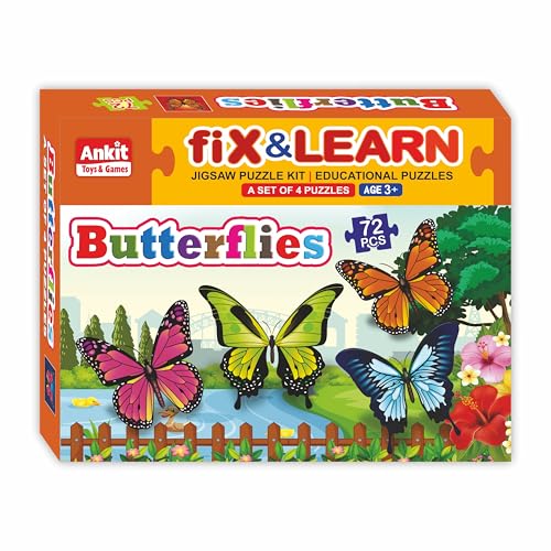 Image of Ankit Toys & Games Fix 'n' Learn Butterflies Jigsaw Puzzle for Kids | Educational and Learning Toy for Kids Age 3 and Above | Boost Memory Skills | 72 Pieces Transport Puzzle (Set of 4 Puzzles in Box)