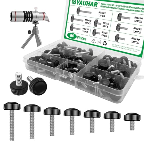 Yauhar 84Pcs 7 Size Carbon Steel M5 Threaded Knurled Thumbscrew Assortment Set, M5 x 8/10/12/16/20/25mm Black Round Male Clamping Knob Grips Thumb Screw for Repairing Machine