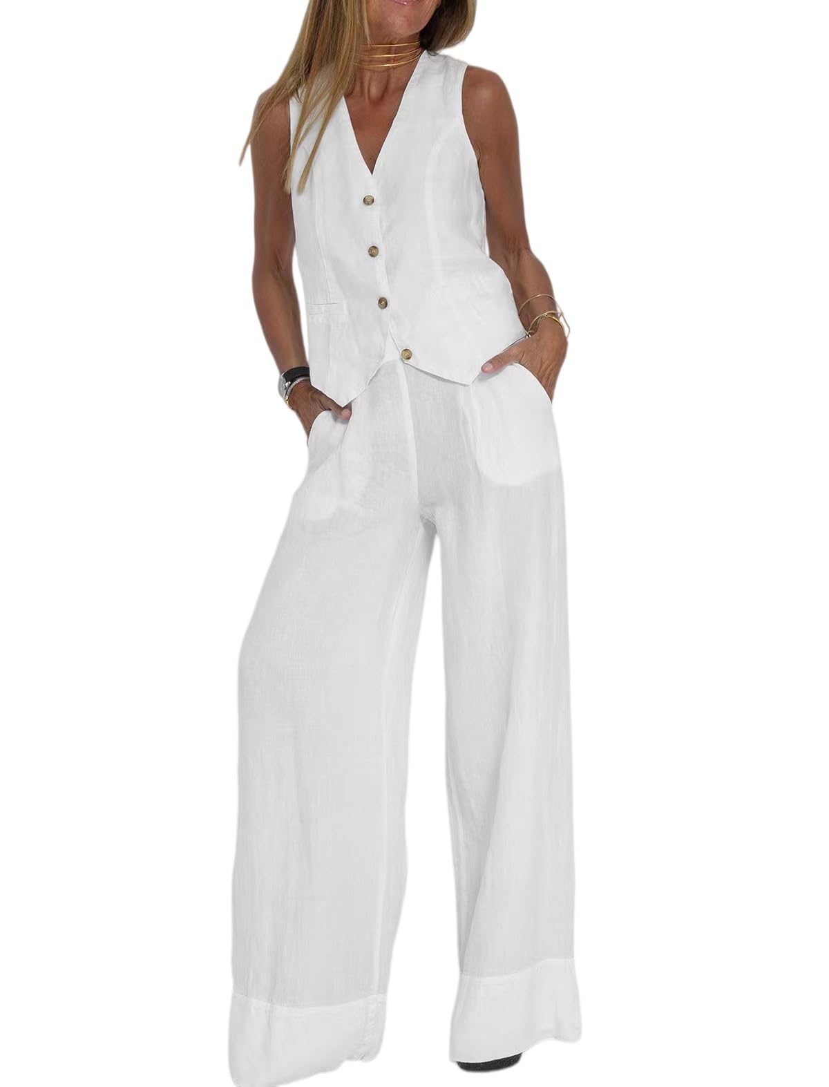 Ensemble Femme Chic Et Elegant Ensemble Deux Pièces Pour Femme Gilet En Lin Sans Manches À Col En V Et Pantalon Large Assorti Idéal Pour Le Travail Les Voyages Et Les Occasions Décontractées