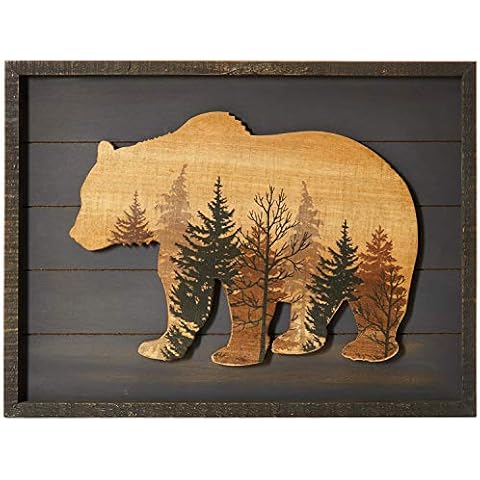 NIKKY HOME Cute Bear in The Forest Woodland Decorative Wood Framed Wall Art Prints Cabin Decor, 16" x 12", Dark Slate Grey Cover