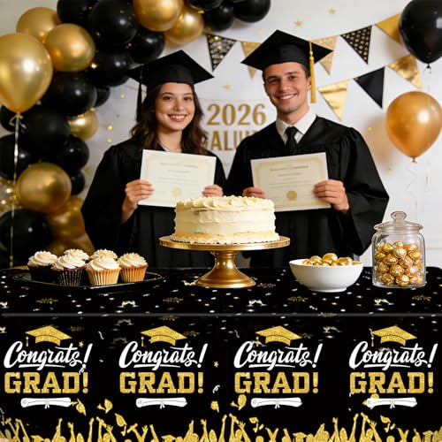 Image of 6 PCS Graduation Tablecloth, Graduation Decorations 2026, Black Gold Graduation Tablecloth Disposable, Plastic Congrats Grad Table Decoration for Class of 2026 Graduation Party Decorations, 108 inch X 54 inch