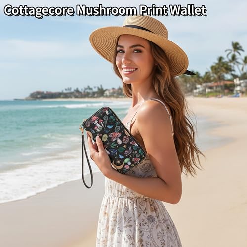 Image of Checkered Highland Cow Print Book Wallet For Women Skull Goth Frog Butterfly Ladies Cluth Wristlet Wrist Strap Long Purse Zip Around Card Holder