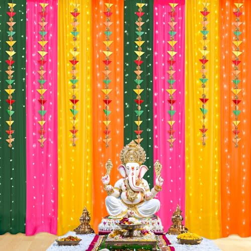 Image of Party Propz Ganpati Decoration Setup for Home - 18Pcs Ganpati Decoration Items with Triangle Hanging, Fairy Light, Varamahalakshmi Decorative Items, Backdrop Cloth for Decoration Pooja (Net Curtain)
