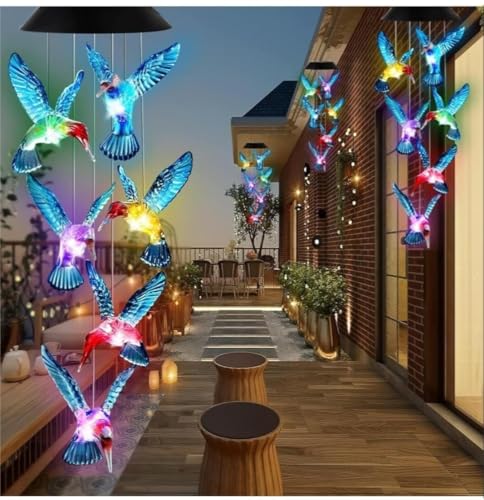 Solar Wind Chime with Hummingbird Figurines, Color-Changing LED, Outdoor Garden Decor, Auto Charging, 5-6 Hours Working Time Home Decoration Solara Product for Home