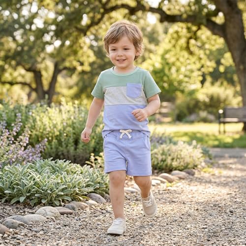 Image of Toddler Boy Clothes Baby Summer Outfit Patchwork Tee Shorts 12M-4T | Soft Patchwork Tee, Pocket Shorts With Stretch Waistband, Breathable For Summer Play, Machine Washable