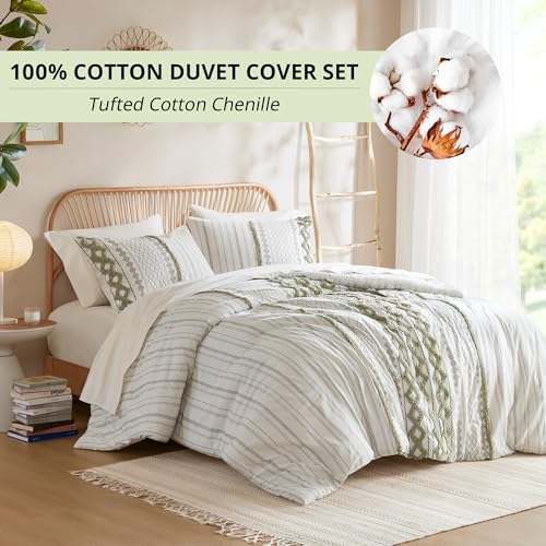 Image of Ink+Ivy Queen Duvet Cover Set Boho Chenille Tufted Cotton Duvet Cover for Queen Size Bed, All Season Queen Size Bedding Cover, Matching Shams, Imani, Full /Queen Sage Green /Ivory 3 Piece