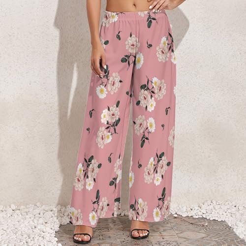 VOSERY Rose Flowers Pink Palazzo Pants for Women, Comfy Womens Wide Leg Baggy Pants, Casual Lounge Pants for Women3
