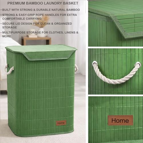 Image of Amazon Brand - Umi Rectangle Bamboo Laundry Basket for Clothes with Lid Strap Lock | Eco-Friendly, Foldable & Lightweight Organizer (Green, 40x30x50 cm, Pack of 1)