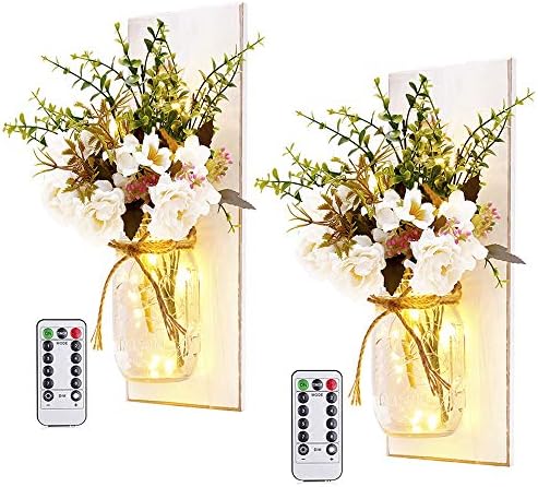 Rustic Wall Sconces Mason Jar Sconces Handmade Wall Art Hanging Design with Remote Control LED Fairy Lights and White Peony,Farmhouse Kitchen Decorations Wall Decor Living Room Vase Lights Set of Two