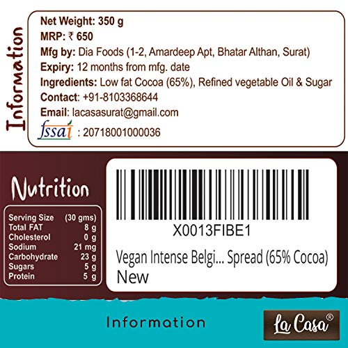 Image of La Casa Intense Belgian Chocolate Spread | 65% Cocoa | Vegan | All Natural Ganache | No Colors /Essence /Preservatives Used | 350 GMS |