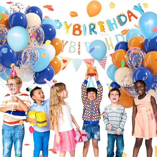 Image of BAUANOOY Blue and Orange Balloons, 60pcs 12 Inch Orange Blue White Nude Latex Balloon with Confetti Balloons Ribbon for Baby Shower Graduation Blue Birthday Party Decorations