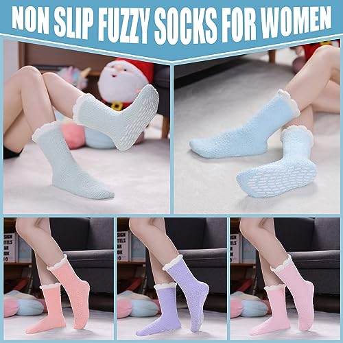 Image of Yebing Non Slip Hospital Socks for Women with Grips Fuzzy Cozy Anti Skid Slipper Socks Winter Warm Soft Fluffy Sleep Socks