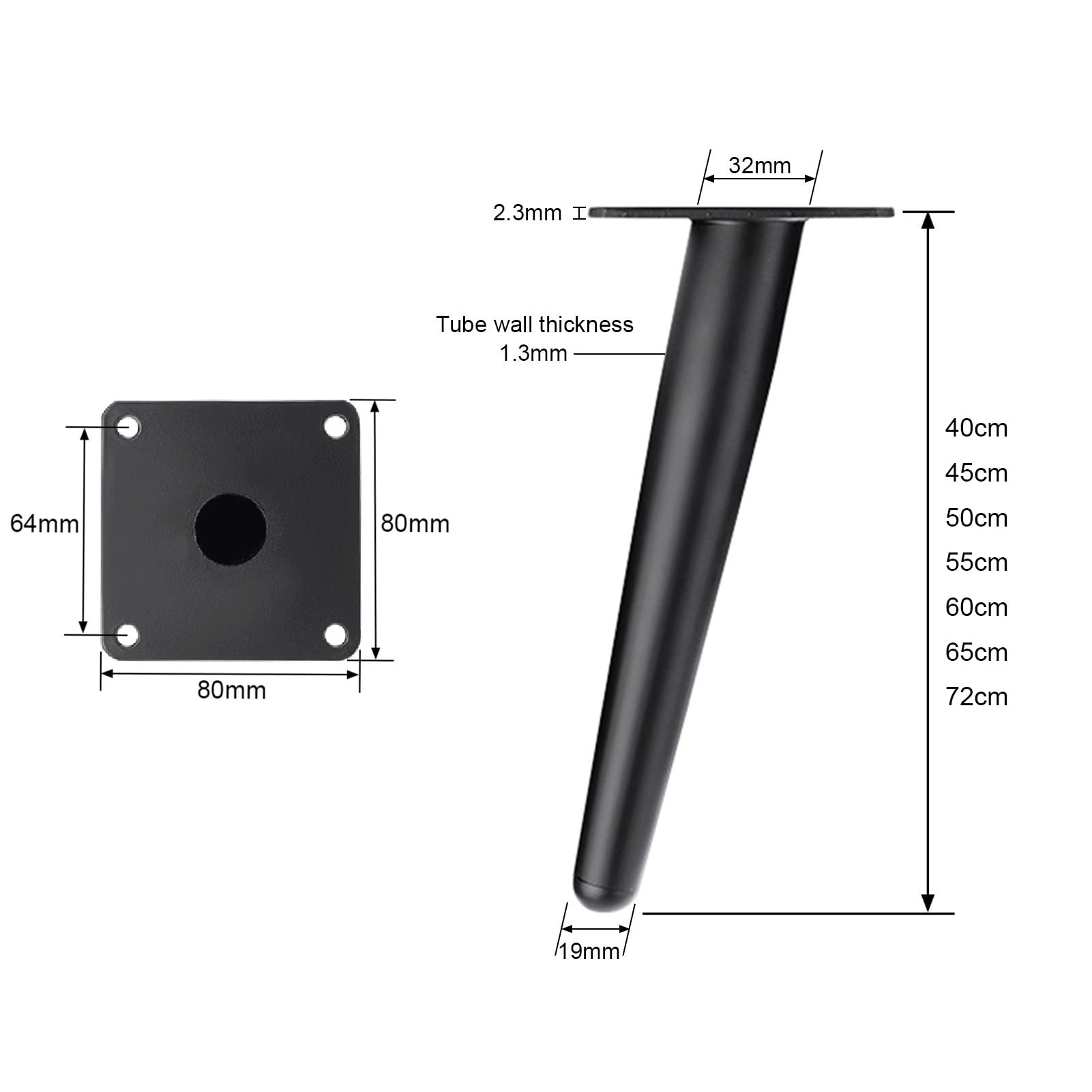 Gambe per Tavolo in Metallo da 4 Pezzi, Gambe affusolate da 40-72 cm, Gambe per mobili in Ferro Antiscivolo, Piedini di Ricambio Fai da Te, utilizzati per Tavolo, Poltrona, Nero, 60 cm/23,6