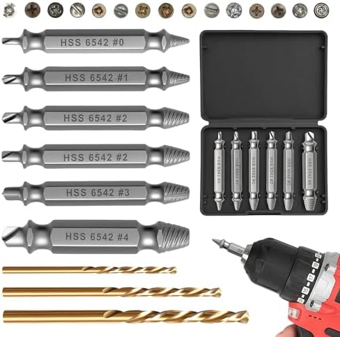 9 PCS Damaged Screw Extractor Set, HSS 6542 Screw Remover & Extractor Bit Set with 3 Twist Drill Bits, Easy Out Bolt Extractor for Stripped, Broken, Rusted & Stubborn Screws, Hardness 63-65HRC
