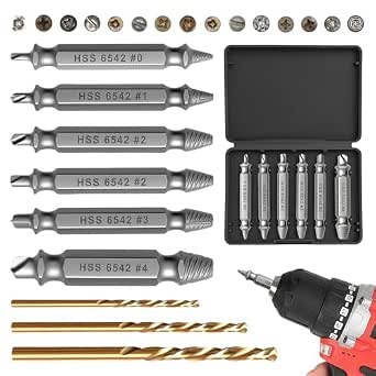 9 PCS Damaged Screw Extractor Set, HSS 6542 Screw Remover & Extractor Bit Set with 3 Twist Drill Bits, Easy Out Bolt Extractor for Stripped, Broken, Rusted & Stubborn Screws, Hardness 63-65HRC