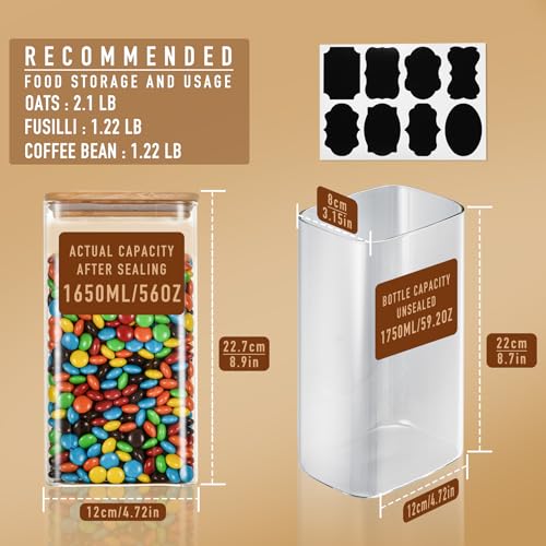 D2scrma 56oz Rectangle Airtight Glass Storage Containers with Bamboo Lids (Set of 4), Square Food Storage Jar, Pantry Organizers for Oats, Cereal, Pasta and Coffee beans (‎with Black Lable) — view 2