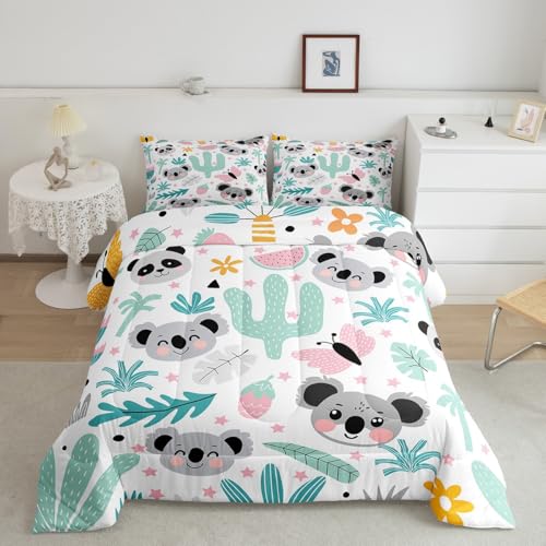 Image of Feelyou Cartoon Koala Comforter Queen, Cute Koala Bear Comforter Set for Kids Boys Girls Kawaii Animals Comforter Set Tropical Plants Duvet Set Durable Quilt Set