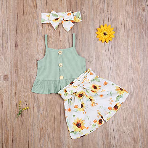 3Pcs/Set Toddler Baby Girl Summer Outfit Sleeveless Ruffle Crop Top Floral Shorts Headband Clothes (Green, 12-18 Months) - Thumbnail 6