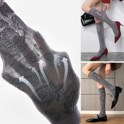 Women's Retro Casual Floral Hollow Knee High Socks Vintage Chic Calf Socks with Breathable Cutout Design - Image 5