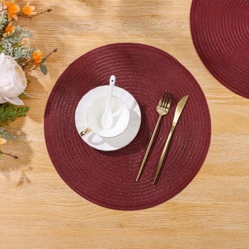 Image of SHACOS Round Placemats Set of 6 for Dining Table 15 inch Round Braided Place Mats Washable Non Slip Kitchen Table Mats, Burgundy