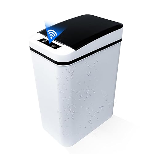 Basurero de baño de 2.7 galones con sensor de movimiento con tapa, bote de basura inteligente blanco delgado, impermeable, sin contacto, para baño,