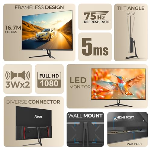 Image of Foxin Elite 32 Inch FHD Flat LED Monitor (1920x1080), 75Hz Refresh Rate, VA Panel, 5ms Response Time, Built-in Speakers, HDMI & VGA Ports, Anti-Glare, Frameless, Wall Mountable - Black