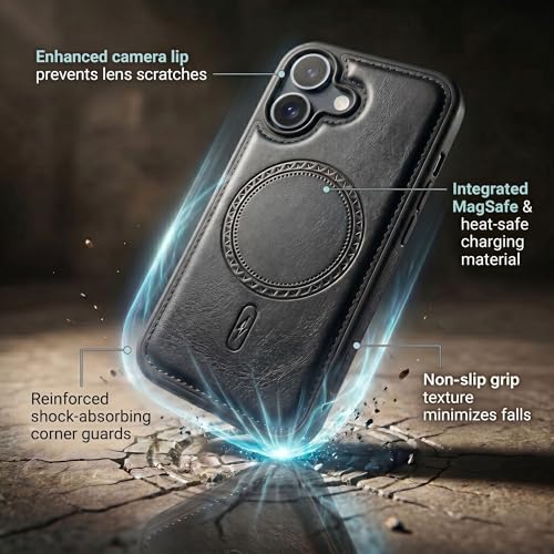 Image of amazon basics Premium PU Leather Case for iPhone 17, MagSafe Compatible Magnetic Ring, Sleek Protective Back Cover - [Black]