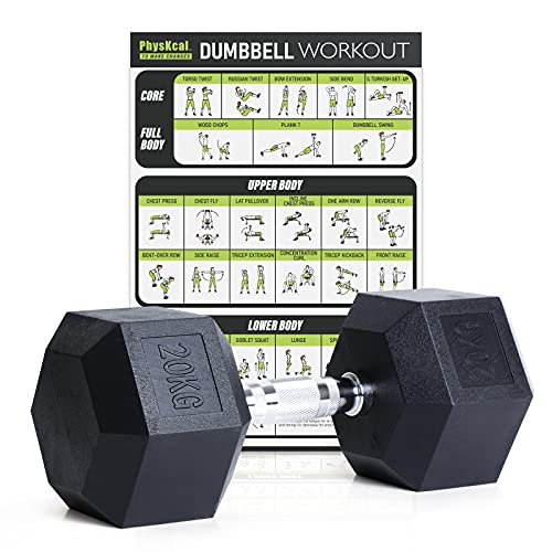 PhysKcal 1 Stück 20 kg Hexagon Hanteln Poly-Gummierte Kurzhantel-Set