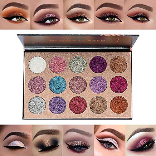 Bestland 15 Colors Glitter Eyeshadow Palette Shimmer Ultra Pigmented Makeup Eye Shadow Powder Long Lasting Waterproof Halloween Holiday Makeup #TOP1