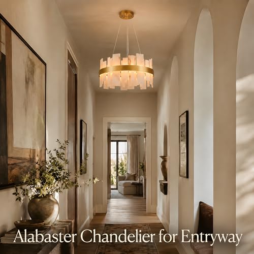 Alabaster Round Chandelier, 24in Brass LED Dimmable Pendant Light Fixture, Natural Spanish Marble Chandelier Adjustable Over Table Chandelier for Dining Room, Living Room, Bedroom, Foyer, Entryway by VARTTYAL - Image 7