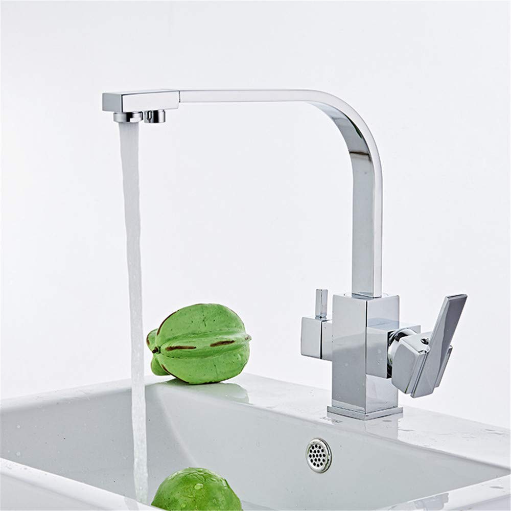 Robinet d'évier de cuisine 3 voies design brossé et double poignée pur robinet