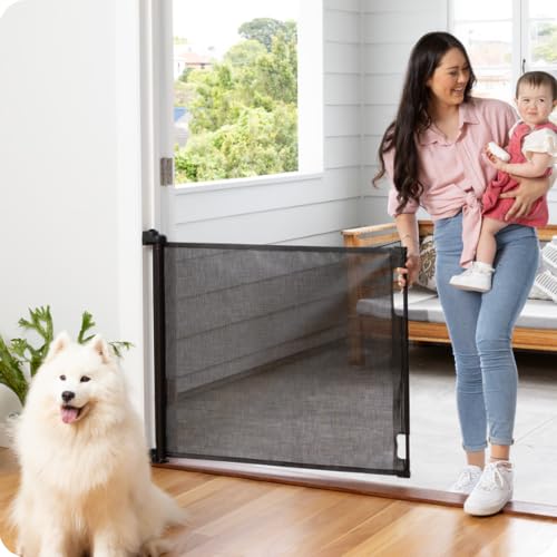 Retractable Baby Gate Perma Child Safety 33" Tall x 71 Wide, Mesh, for Stairs, Doorways, Dogs, Pets, Indoor, Outdoor, One-Handed Operation, Locking, Easy Install, Hardware Mount, Black