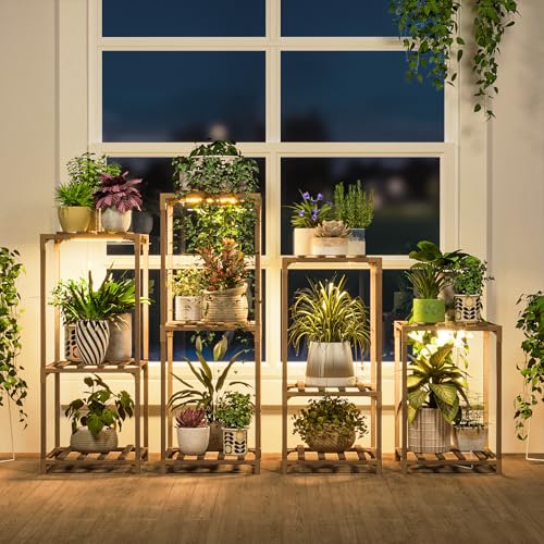 Bamworld Plant Stands with Grow Lights Indoor 4 Sets Plant Shelves Outdoor Wooden Plant Holder for Multiple Plants Flower Stands for Living Room Balcony Garden Patio Lawn Window