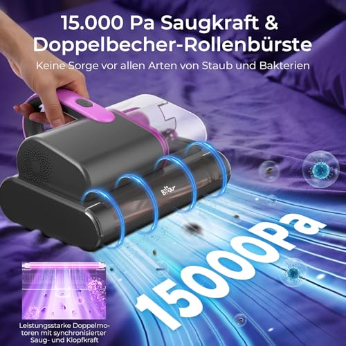 Bear Milbensauger für Matratzen,15kpa Absaugung 35000RPM, Milbenstaubsauger mit UV-C Licht, bekämpft Bettwanzen,entfernt 99,9% der Bakterien, Allergene,4m Kabel