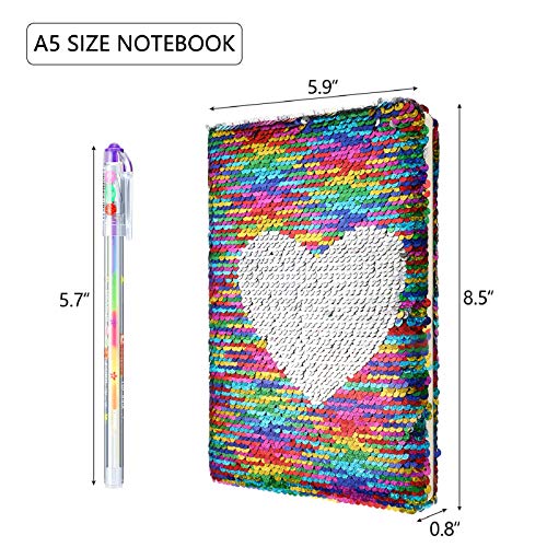 Image of Outus 4 Pcs Sequin Girls Journal Valentines Journal Gift with Color Gel Ink Pens Glitter Notebook Flip Writing Diary for Kids Girl Writing Drawing Travel Gifts(Rainbow Color,Heart)