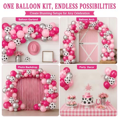 Image of Hot Pink Silver Cow Balloons Disco Cowgirl Birthday Last Rodeo Party Decor | Bachelorette Bride to be Baby Bridal Shower Western Cowboy 12INCH Pink Silver Helium Latex Balloons for Arch