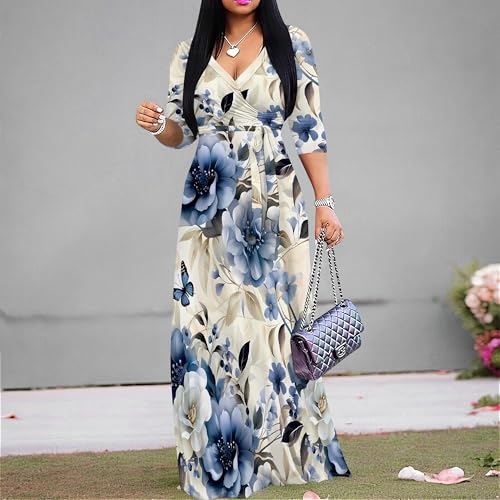 Image of Women Plus Size Long Sleeve V Neck Maxi Dress with Belt | Soft fabric relaxed fit three quarter sleeve v neck with pockets for party and daily wear