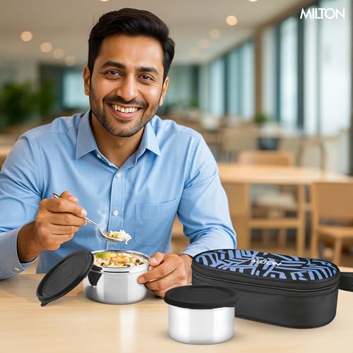 Image of MILTON Plato Pack Big Stainless Steel Lunch Box (2 X 500 ml containers) with Jacket | Leak Proof, Food Grade I Lightweight, Odour Proof | 1 Year Warranty I Ideal for Office, School, Travel, Black