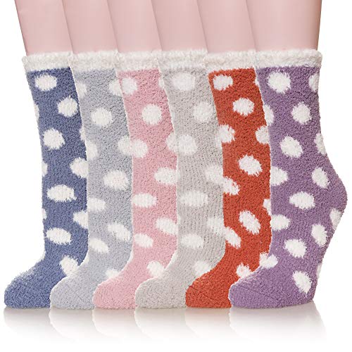 Womens Fuzzy Warm Slipper Socks Soft Winter Super Plush Fluffy Microfiber Cozy Crew Home Sleeping Casual Socks (6 Pairs Little Dot)