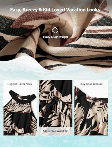 Image of PATPAT Family Hawaiian Matching Outfits - Mommy and Me Vacation Outfits | Halter Sundresses and Button Down Shirts,Caribbean Vacation Summer Tropical Outfits,Hawaiian Boho Tropical Floral Printed