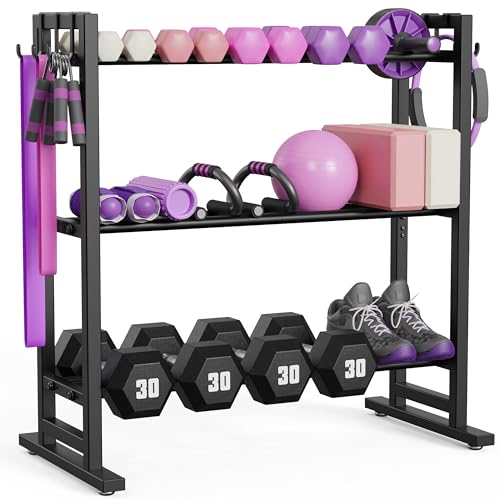 niffgaff 3 Tier Adjustable Dumbbell Rack Weight Rack with Extended Base & Movable Hooks 450 lb Capacity
