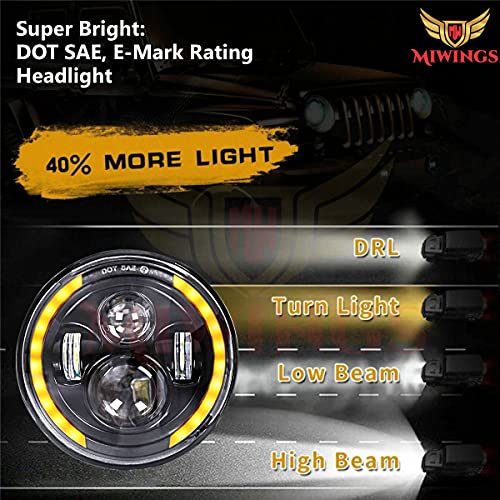 Image of Miwings 6 LED Projector Headlight with Dual Color DRL Half Ring For Mahindra Thar /Jeep /Royal Enfield Bike Models, 7 Inch, White & Amber