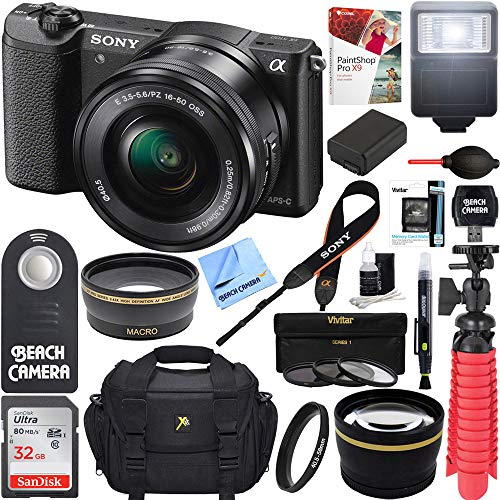 Sony Alpha a5100 HD 1080p Mirrorless Digital Camera Black + 16-50mm Lens Kit + Lexar 32GB Memory Card + DSLR Photo Bag + Extra Battery + Wide Angle Lens + 2X Telephoto Lens + Flash + Remote + Tripod