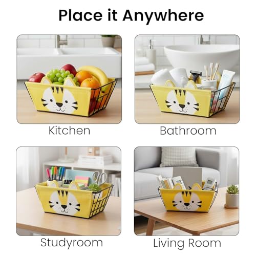 Image of Go Hooked Cute Yellow Tiger Design Storage Basket for Kids | Strong Metal Wire Organizer with Detachable Fabric Liner | Multipurpose Basket for Toys, Fruits, Snacks, Bathroom, Wardrobe & Home Decor
