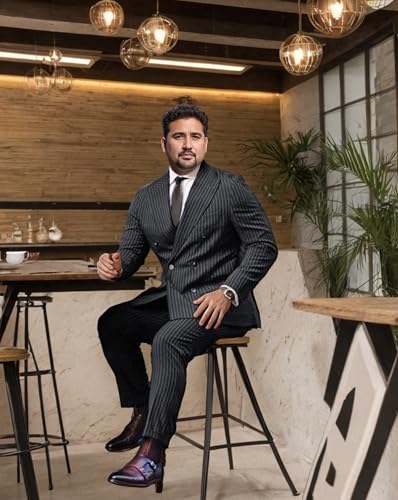 Men's 2 Piece Stripe Suit Big Plus Size Double Breasted Blazer Pinstripe Business Wedding Party Suit4