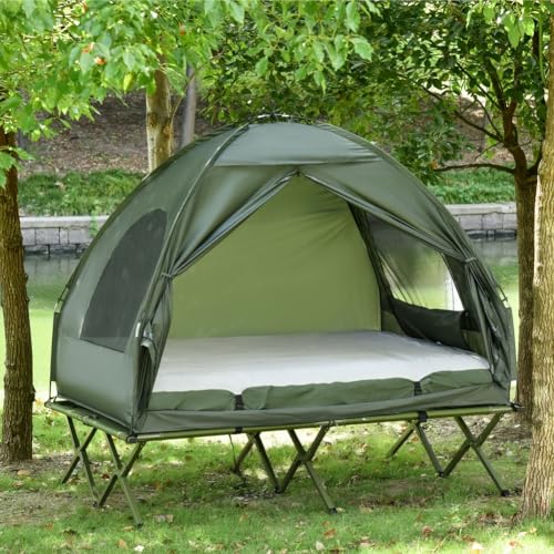 2 Person Foldable Camping Cot with Tent, Bedspread and Thick Air Mattress, 4-in-1 Elevated Camping Bed Tent for Outdoor Hiking, Picnic, Travel
