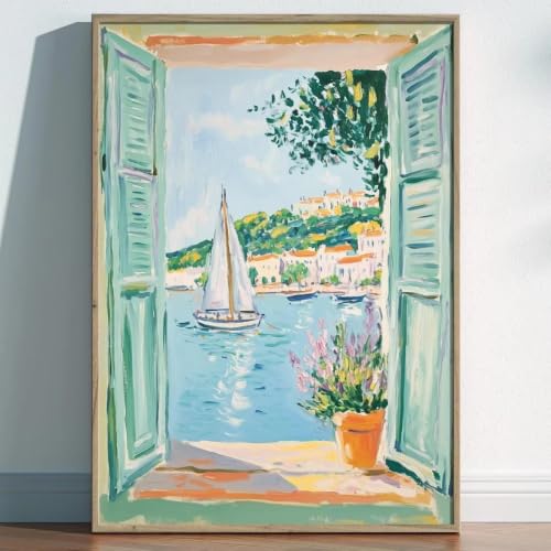 Toile impressionniste fenêtre côtière ensoleillée 50x75cm pour salon