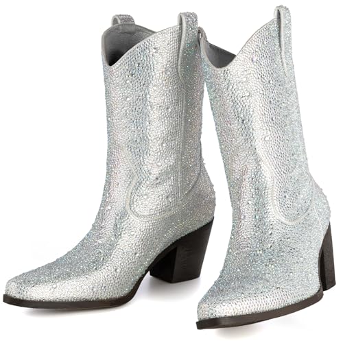 Image of MISSMILLER Rhinestone Boots for Women Sparkly Cowgirl Boots Pointed Toe Chunky Heels Rhinestone Cowboy Boots