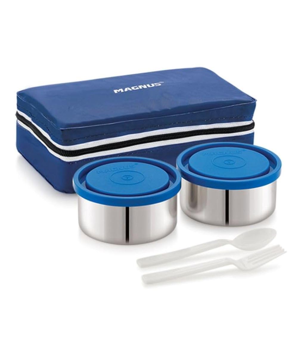 Magnus Fancy 2 Steel Lunch Box Set - Leak-Proof Containers for Office & School | 1050ml | Carry Bag for Men, Women | Stylish Lunch Box for Kids & Lunch Boxes for Office Men, Blue (B0CXHNMP8Z) Amazon Price History, Amazon Price Tracker