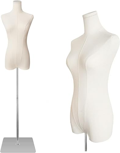 EaseHome Cuerpo de maniquí con forma de vestido, torso de maniquí femenino con soporte de metal plateado desmontable y base rectangular para ropa,
